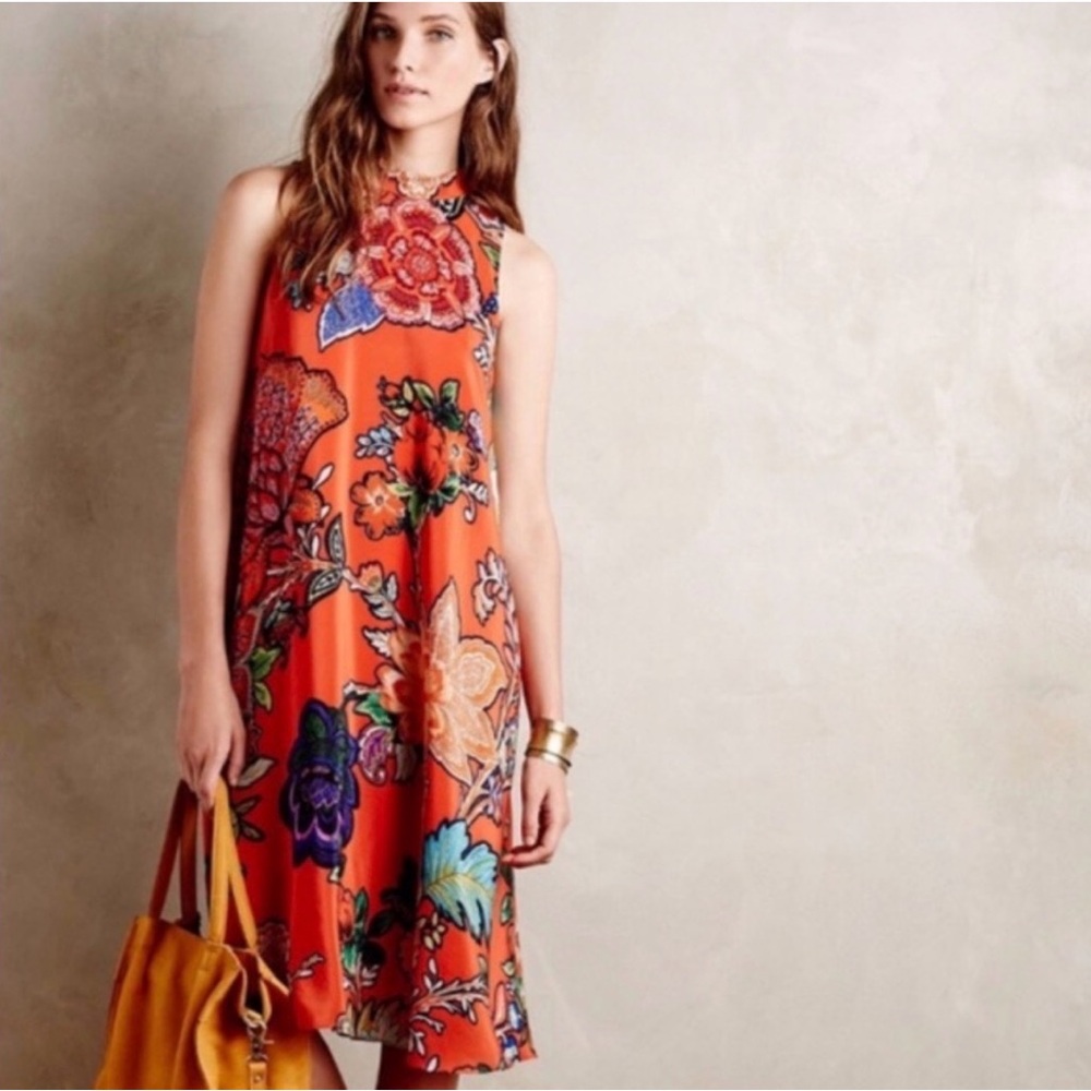 Anthropologie Maeve Orange/Floral Sleeveless Swing Dress - Picture 3 of 8